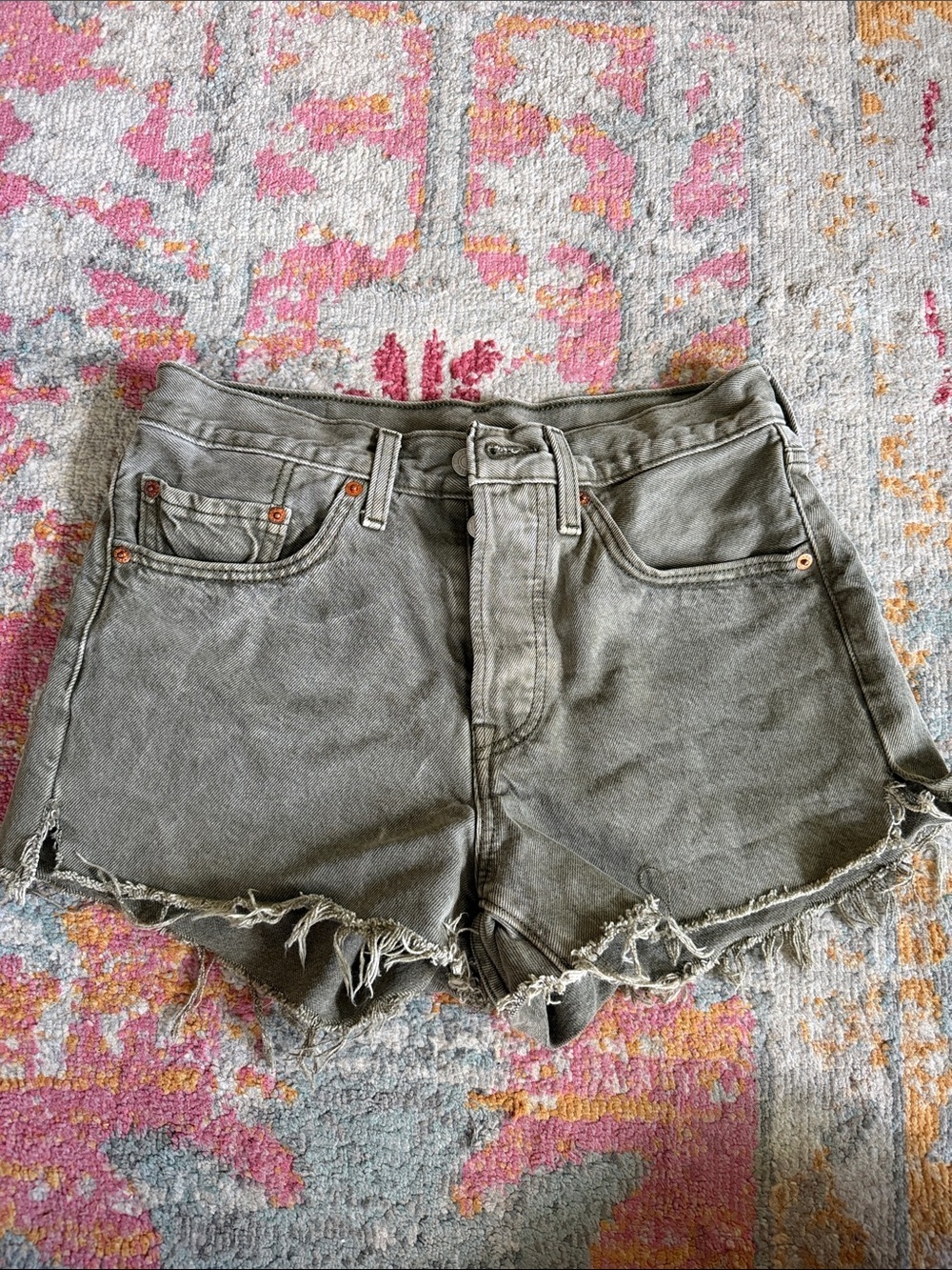 Levi 591 Olive Green Denim Cutoff Shorts — Frayed Hem Button Fly